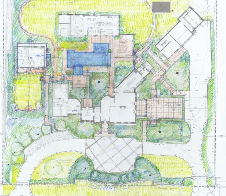 A colored architectural plan of a property layout, showing multiple structures, pathways, and landscaped areas with trees and gardens. The drawing includes detailed annotations of the buildings and surrounding environment.